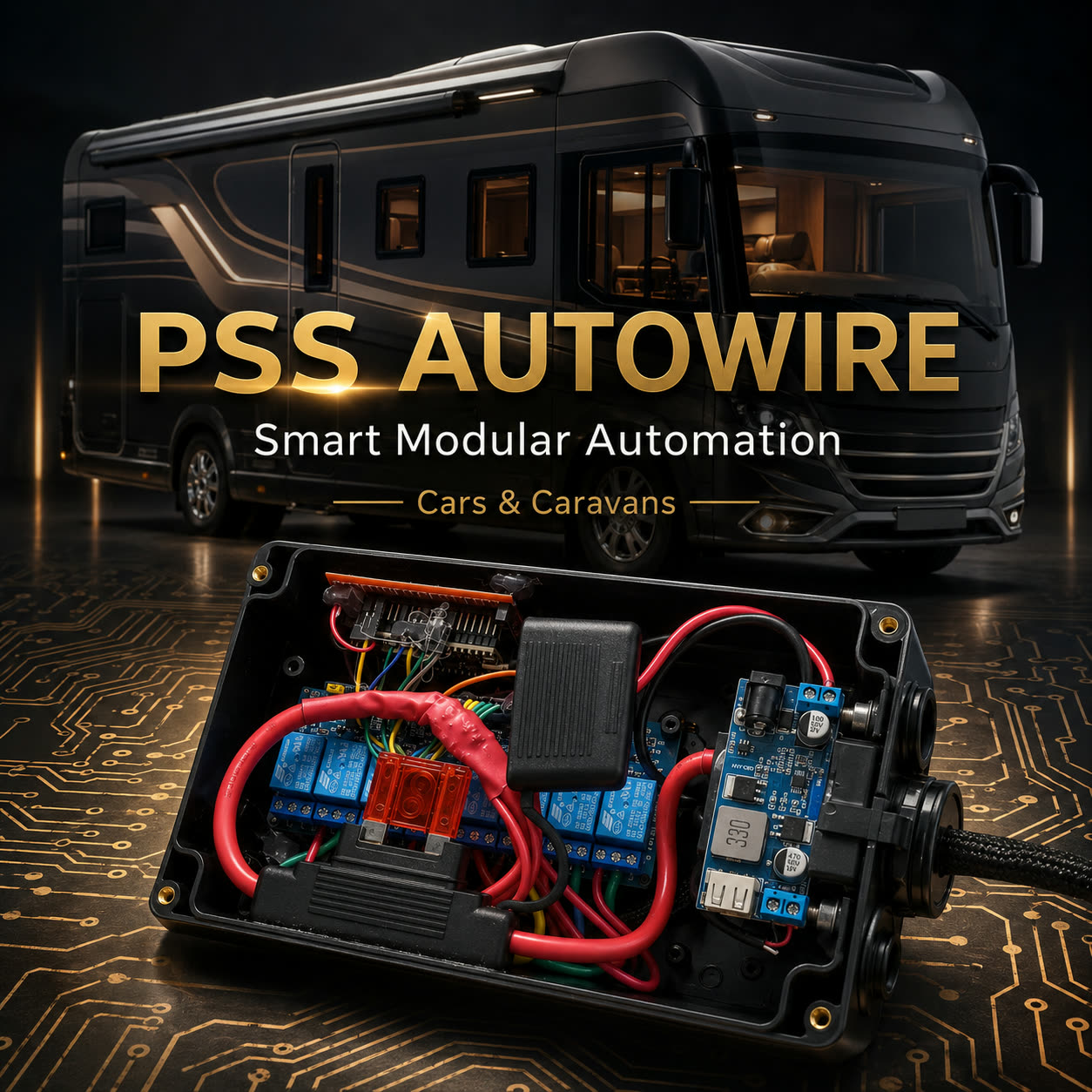 PSS AutoWire — a luxury motorhome beside the open modular relay control box on a circuit-board background