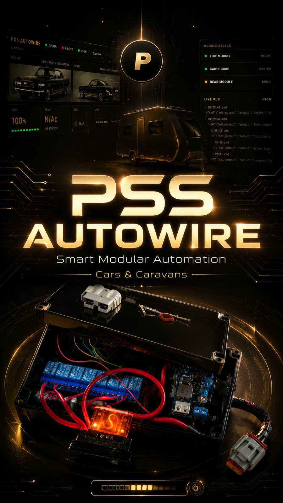 PSS AutoWire modular automation — the control dashboard alongside the physical relay module