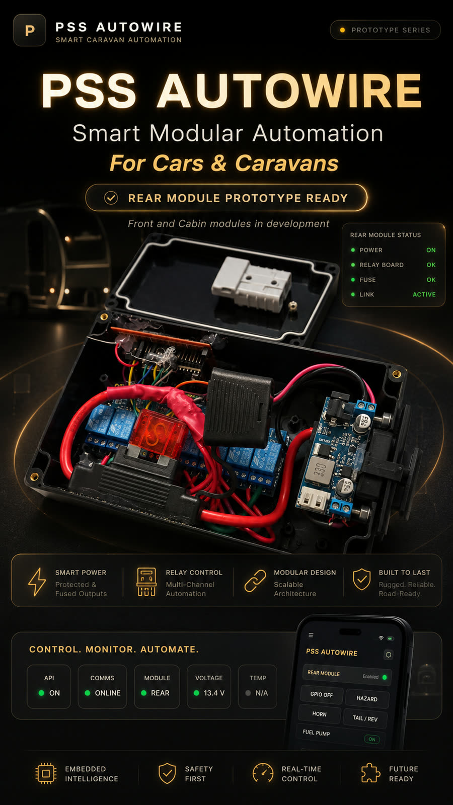 PSS AutoWire rear module prototype with relay board, status panel and companion app