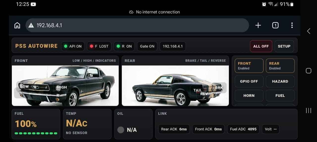 The PSS AutoWire built-in Wi-Fi dashboard live in a phone browser, showing front and rear control and live fuel level